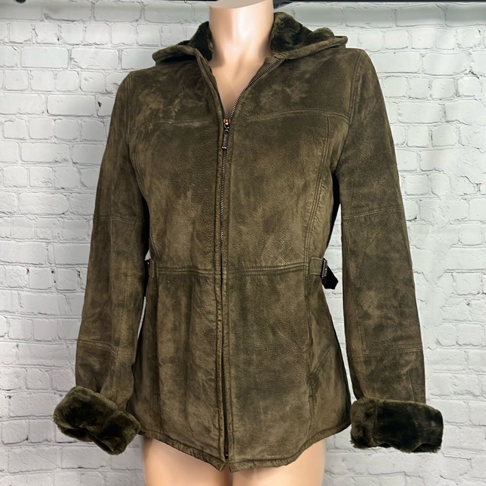 Braetan Women's Coat Med Olive Leather Suede Zip Front Hooded faux fur vintage